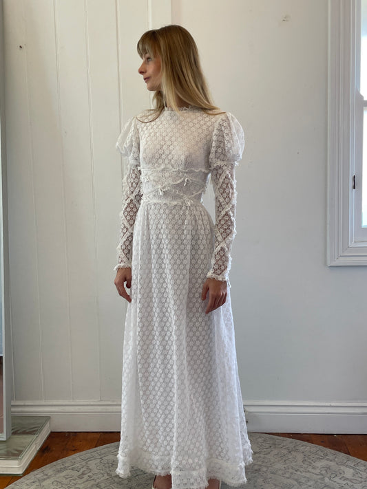 Vintage 70s lace high neck long sleeve wedding dress