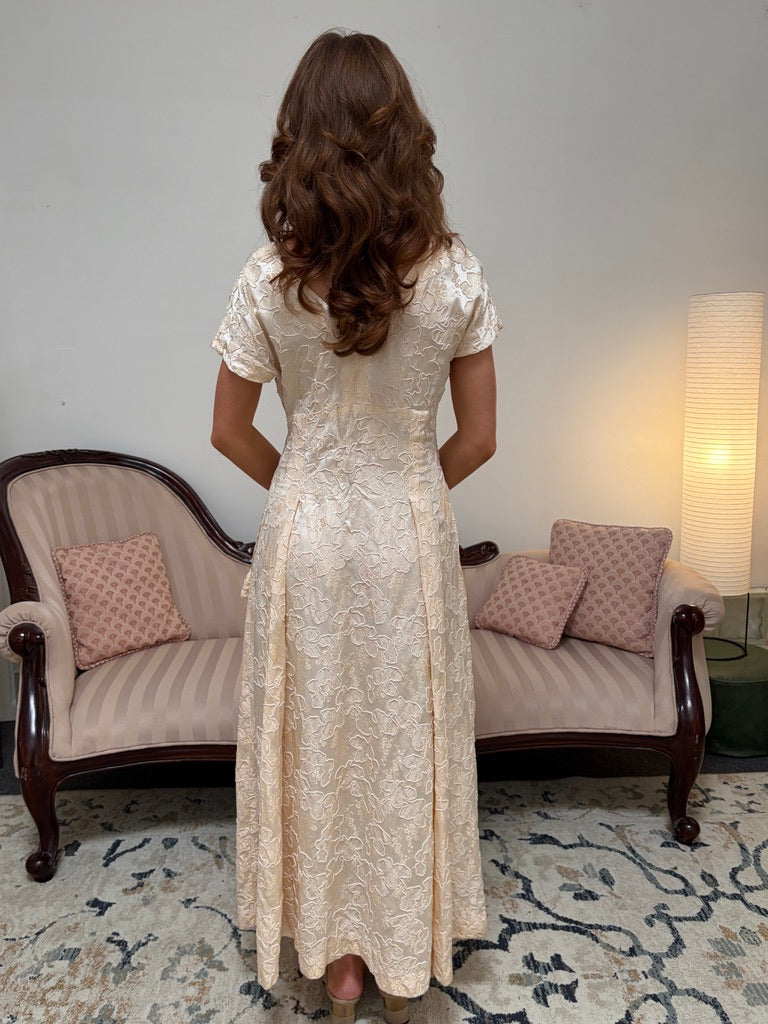 Vintage 50s corded jacquard satin a-line dress with rosettes