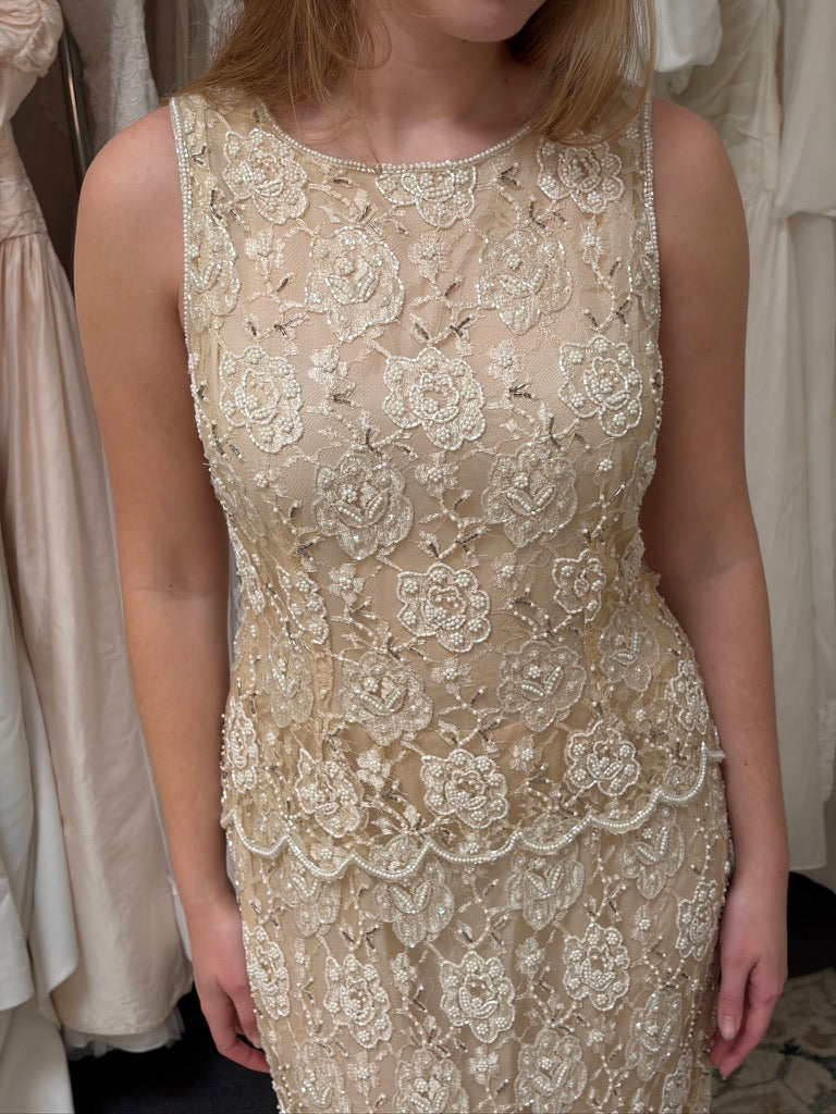 Vintage 90s high neck beaded champagne column dress