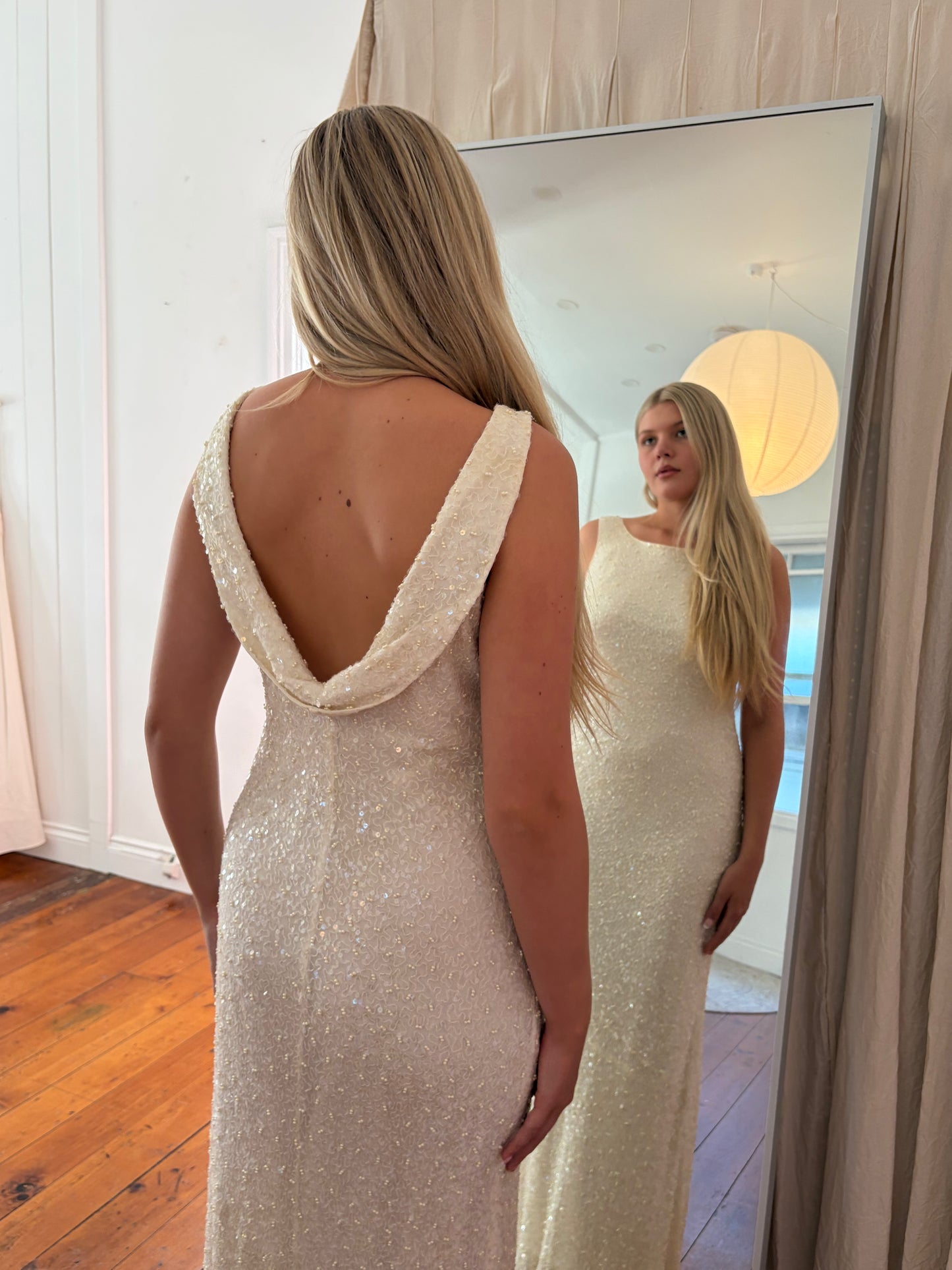 Vintage 90s silk beaded high neck gown with low back