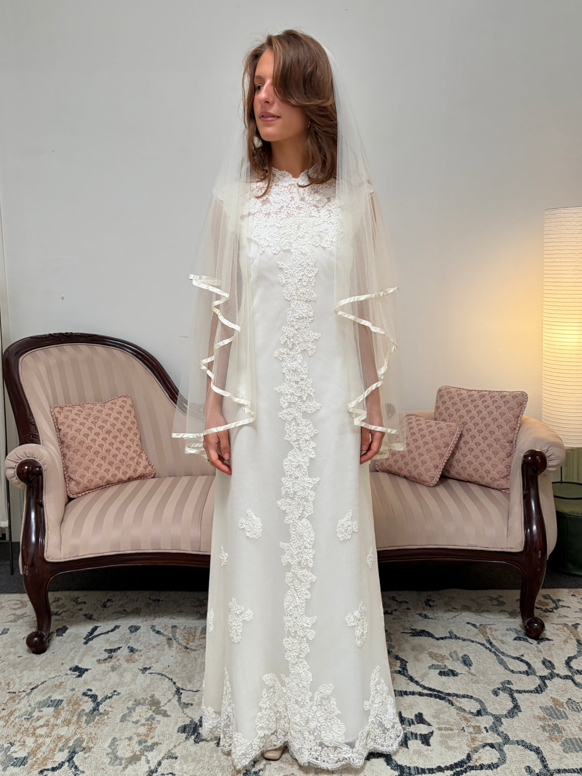 Vintage 60s Alfred Angelo high neck alençon lace column wedding dress