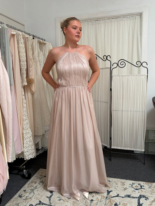 Vera Wang dusty pink shimmery pleated high neck gown