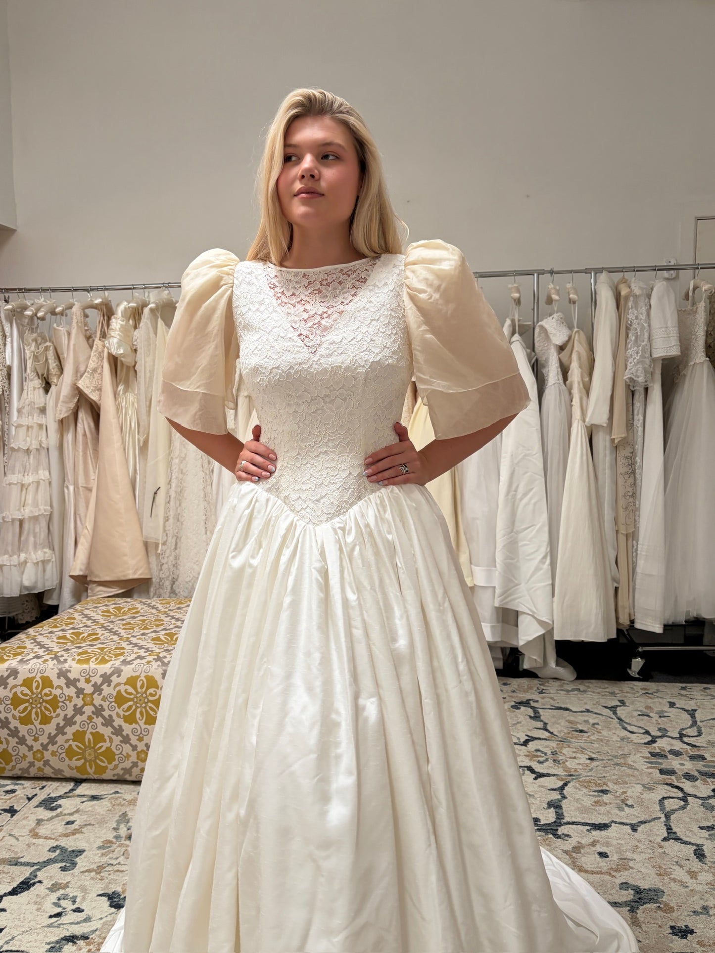 Vintage 1986 silk puff sleeve basque waist wedding dress with train