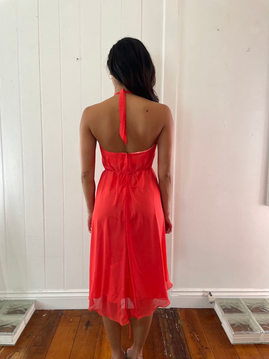 Vintage 90s orange flowy halter neck mini dress