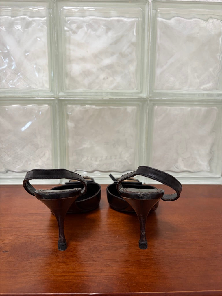 Vintage Yves Saint Laurent black leather pointed toe slingback kitten heels