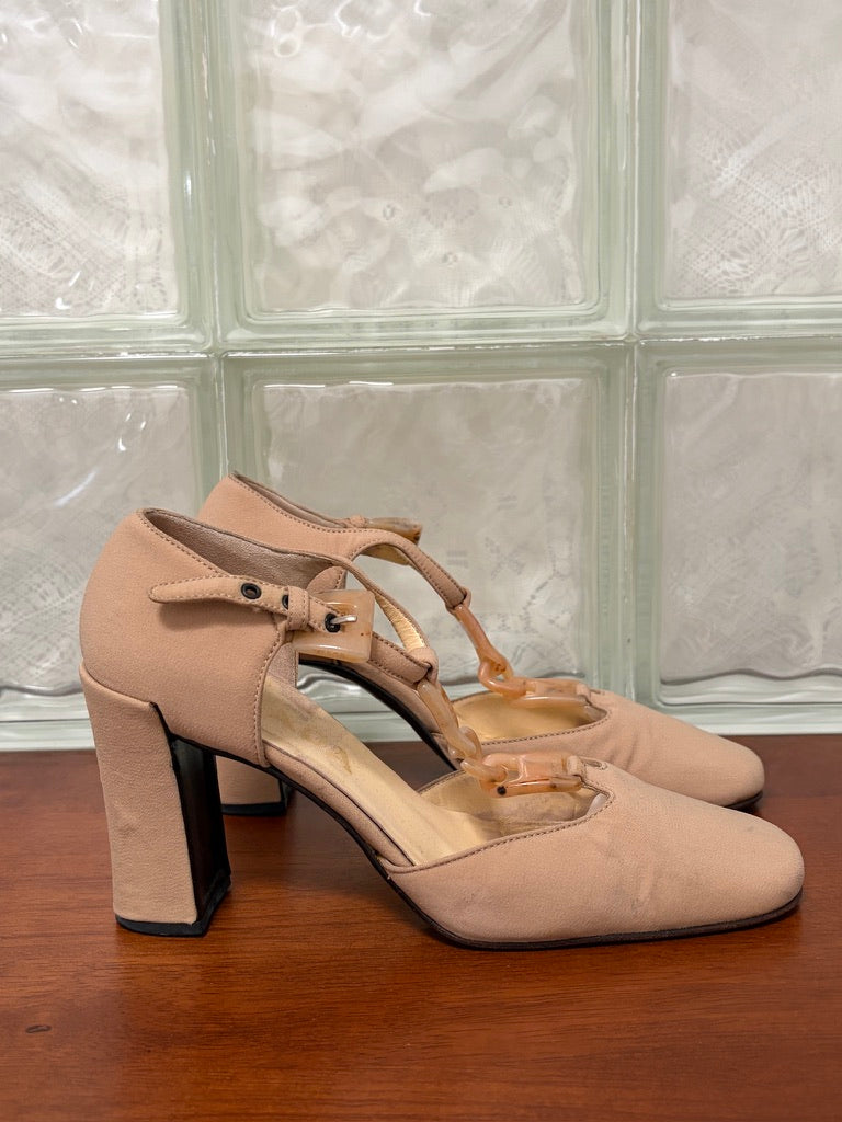 Vintage Prada beige nylon closed toe t-strap heels