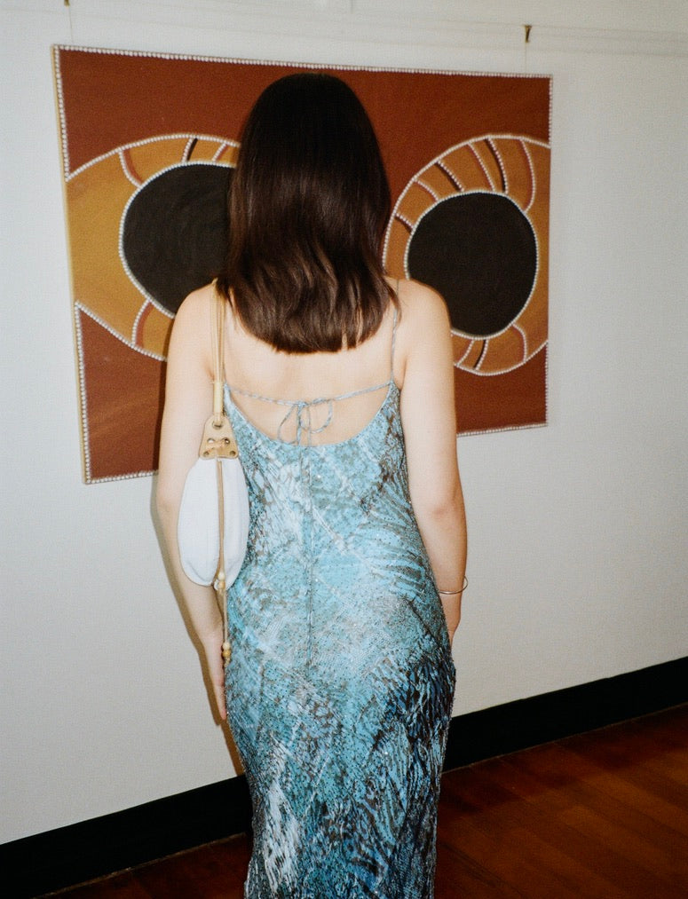 Vintage 90s blue silk beaded slip dress