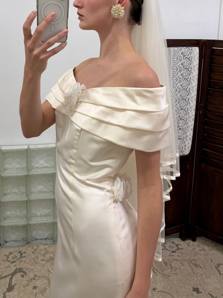 Vintage 1997 silk off shoulder wedding dress with rosettes