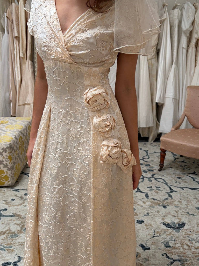 Vintage 50s corded jacquard satin a-line dress with rosettes
