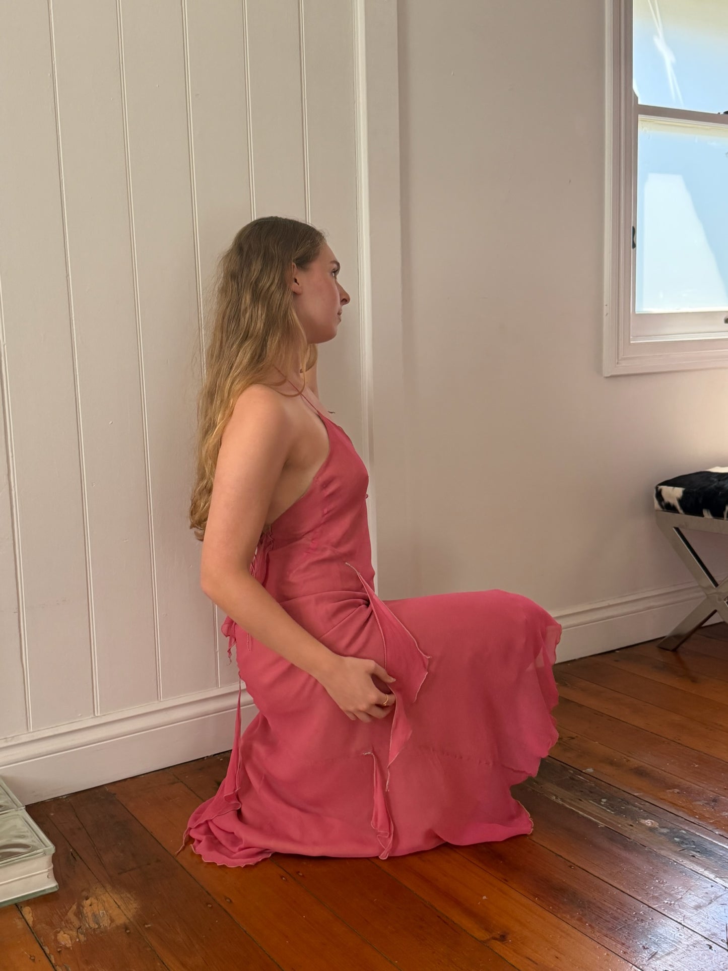 Vintage 1990 Jenny Bannister pink green silk halter maxi dress