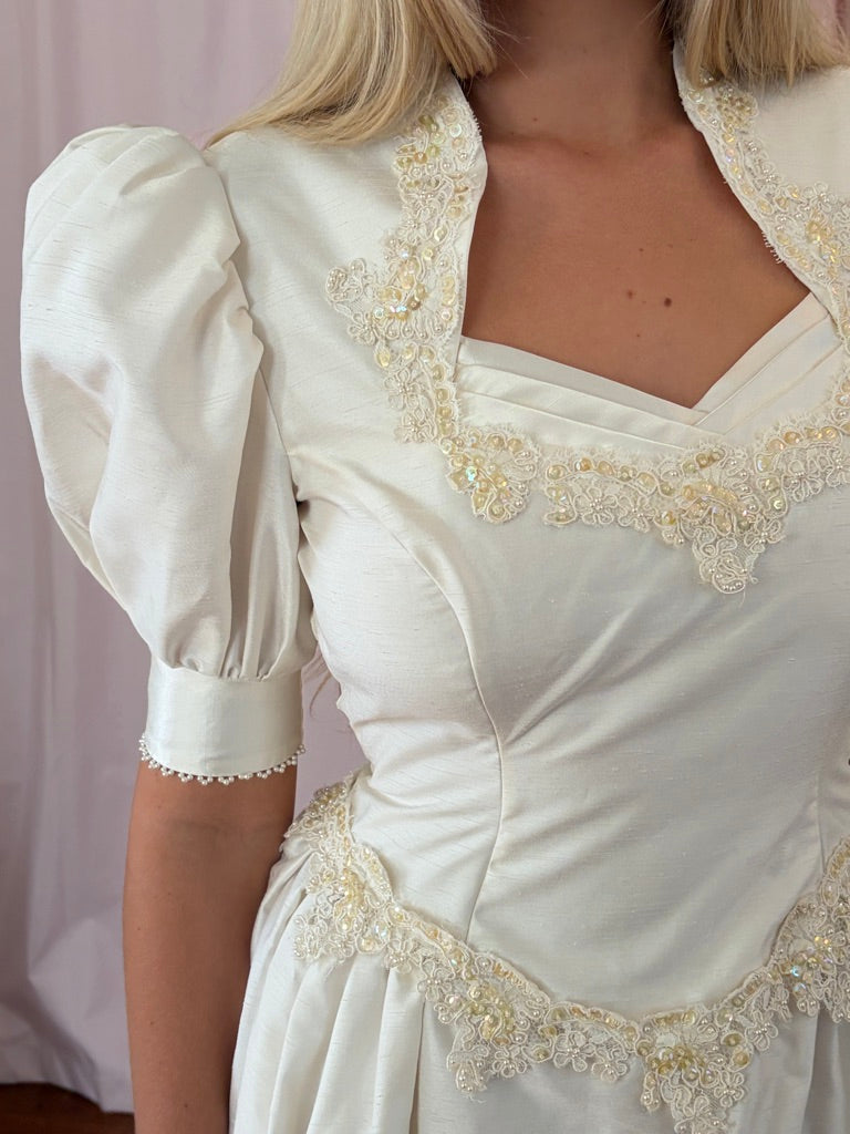 Vintage 90s cream raw silk dramatic princess wedding dress with train