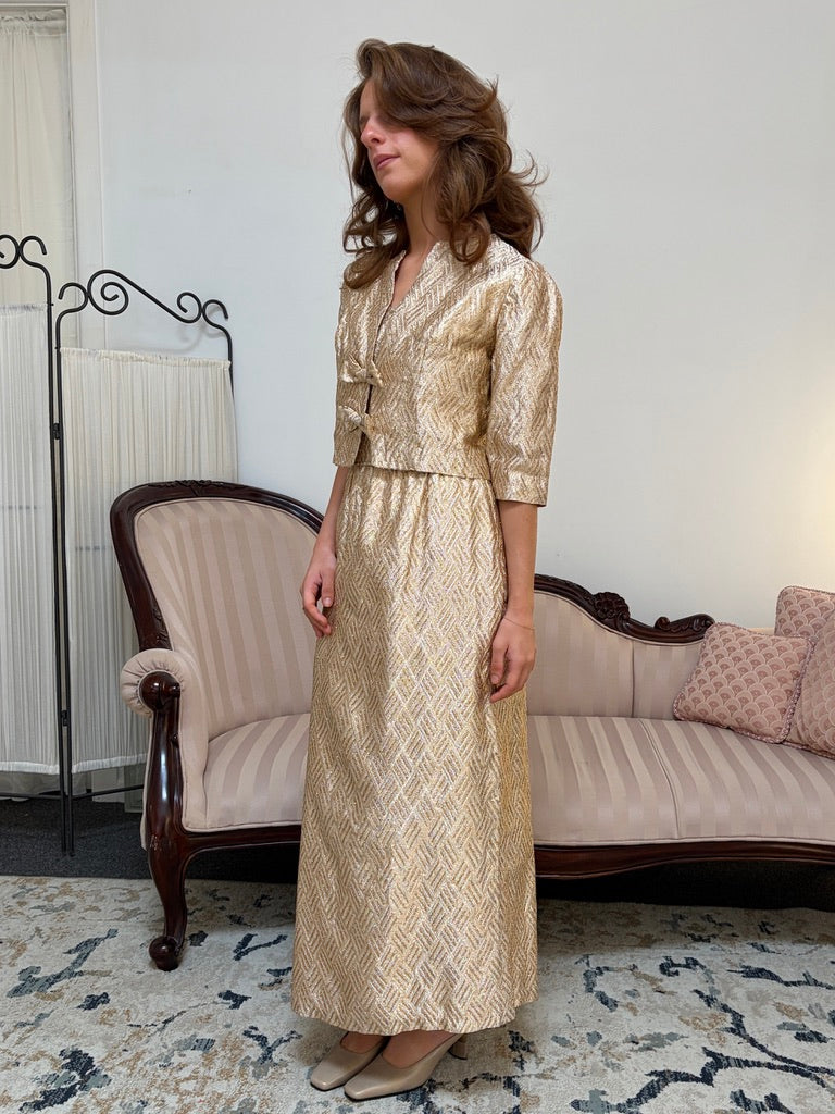 Vintage 60s gold sheath dress with matching bow jacket