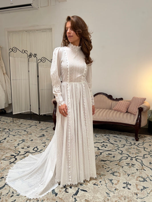 Vintage 70s embroidered cotton voile long sleeve wedding dress with train