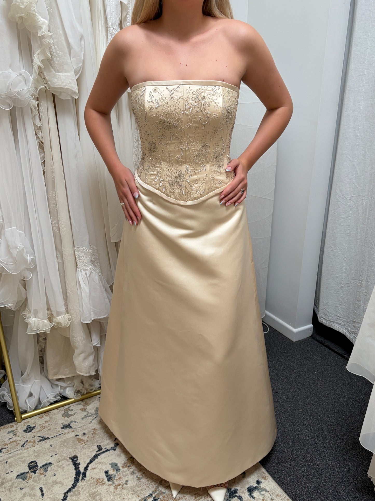 Vintage 00s Pronuptia champagne strapless wedding dress with detachable train