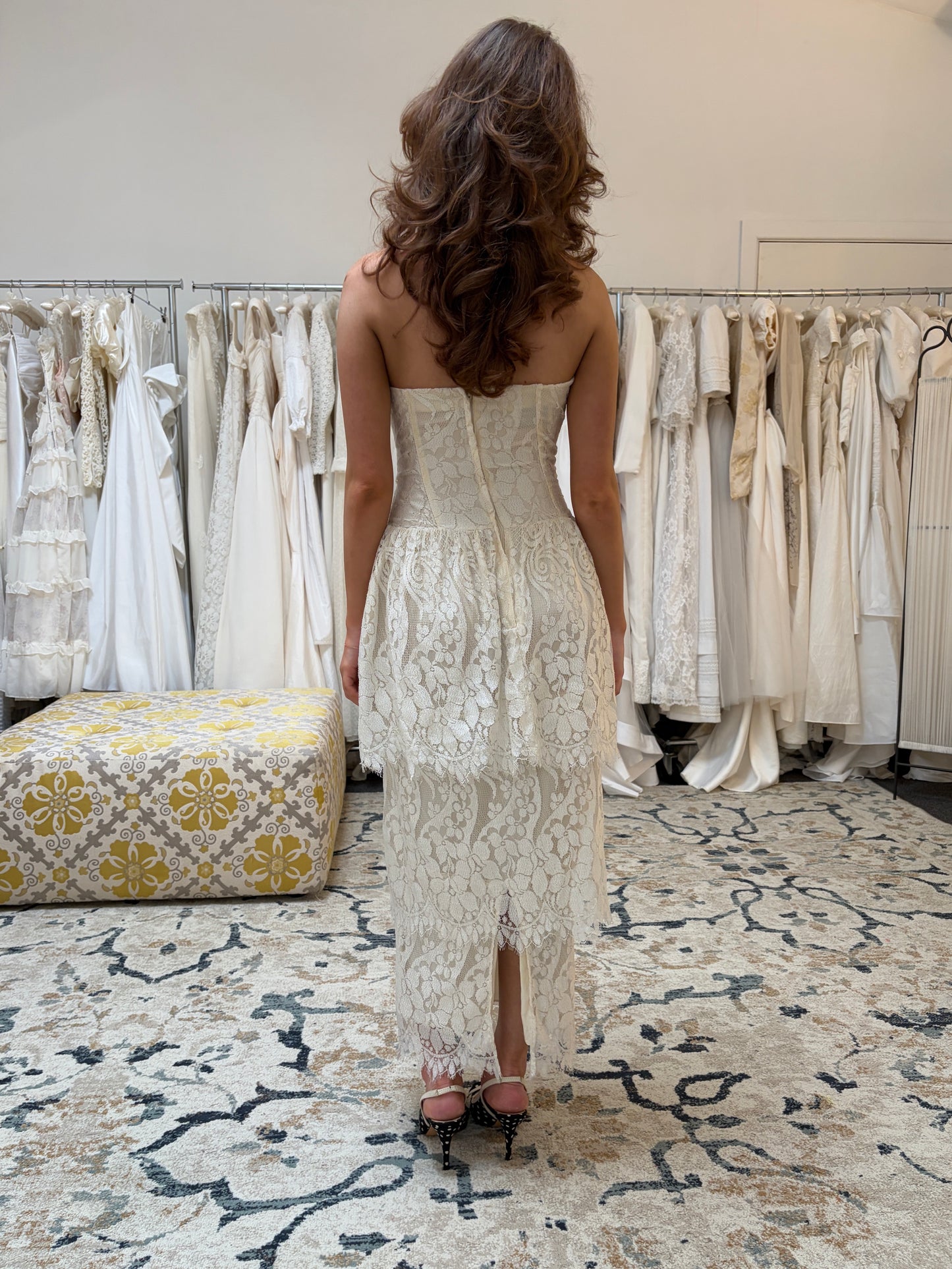 Vintage 80s strapless tiered lace column wedding dress