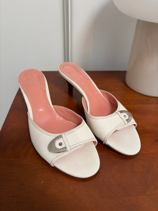Vintage Bally white mule kitten heels with silver buckle