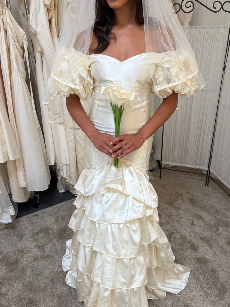 Vintage 00s cream satin drop waist tiered wedding dress