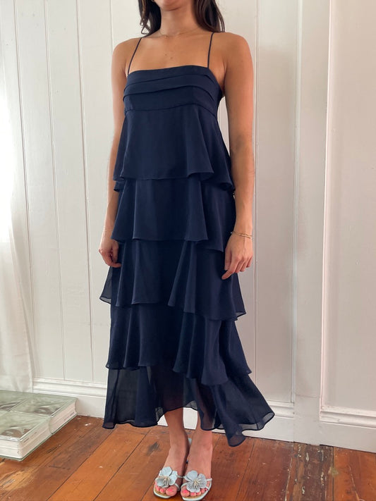Vintage y2k Carla Zampatti navy tiered midi dress