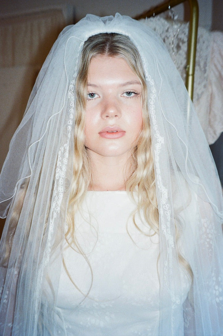 Vintage 70s embroidered chapel veil with blusher ivory