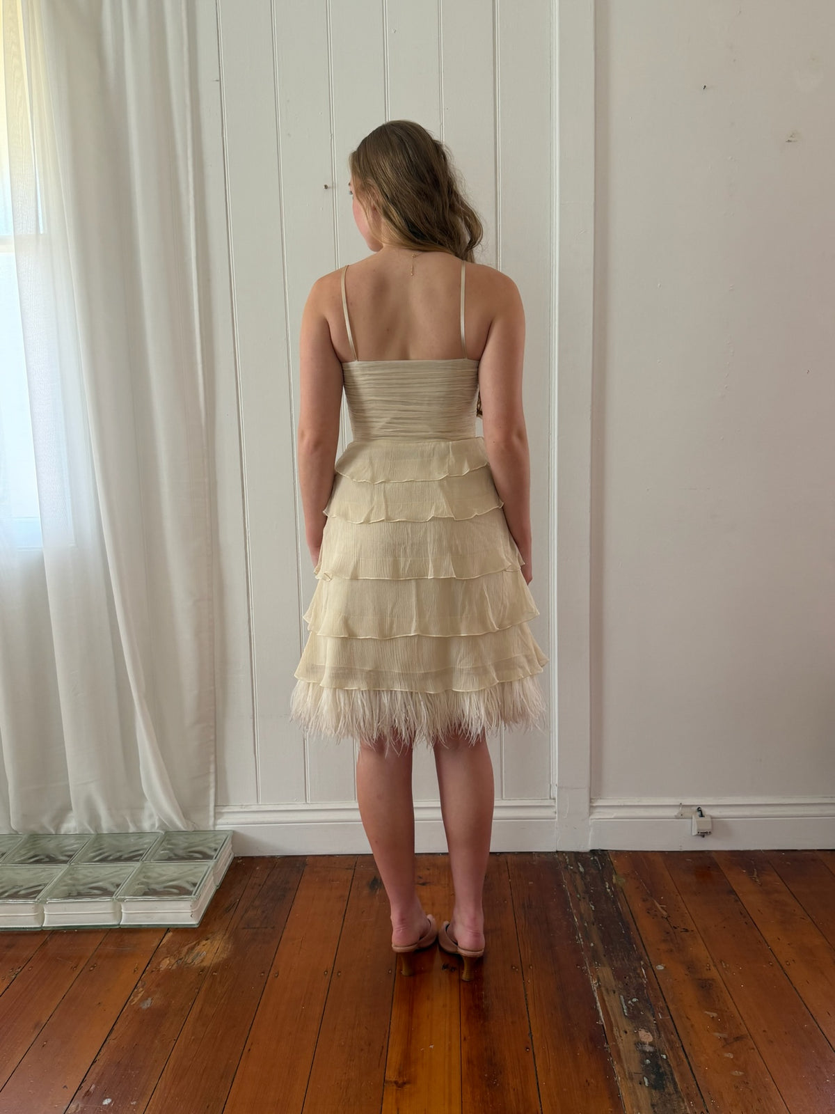 Vintage Y2K silk tiered midi dress with ostrich feather trim