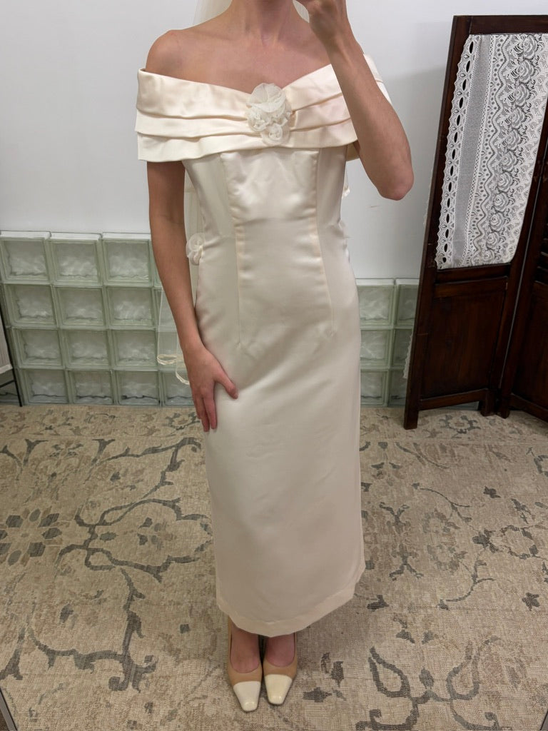 Vintage 1997 silk off shoulder wedding dress with rosettes