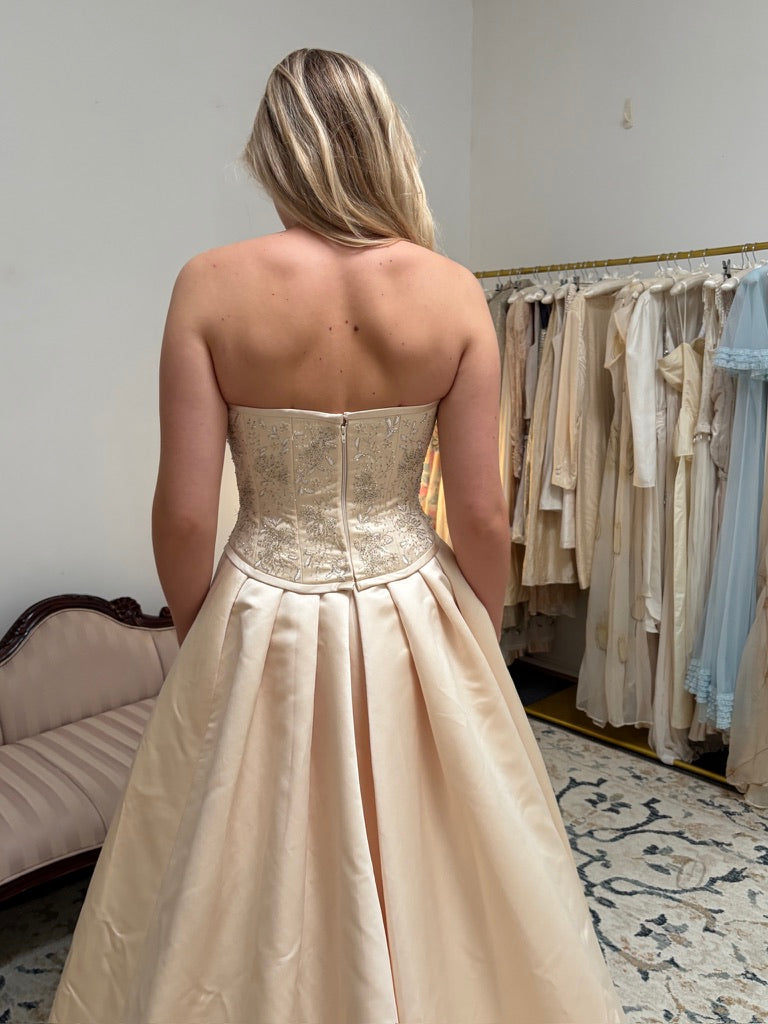 Vintage 00s Pronuptia champagne strapless wedding dress with detachable train
