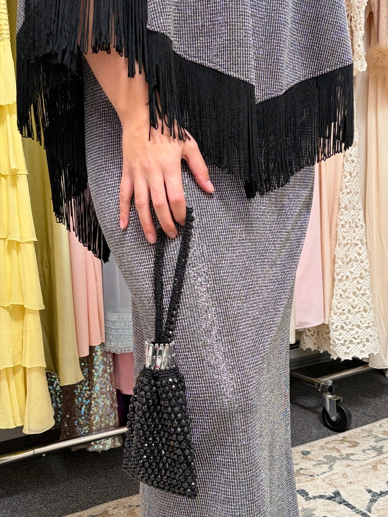 Vintage 70s silver evening dress with matching fringed cape