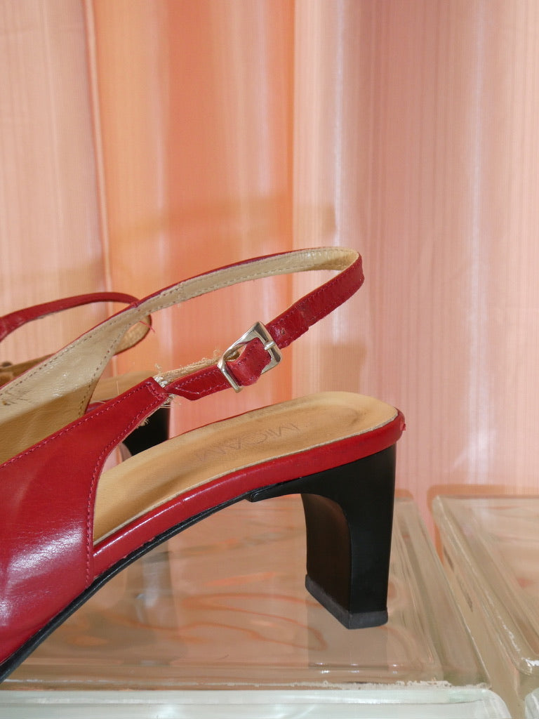 90s red leather square toe slingback kitten heels size 40