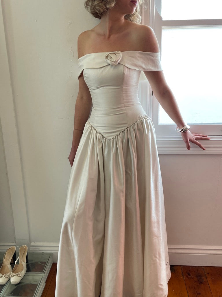 Vintage 90s silk basque waist off shoulder gown