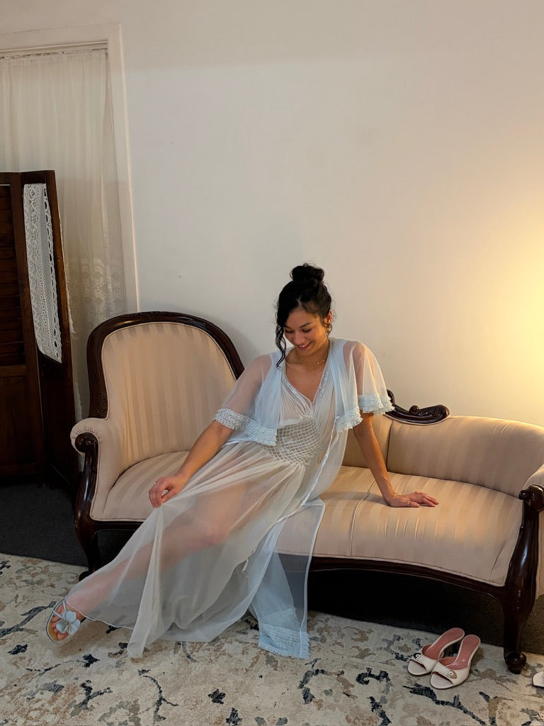 Vintage 50s ice blue sheer nylon slip dress and cape