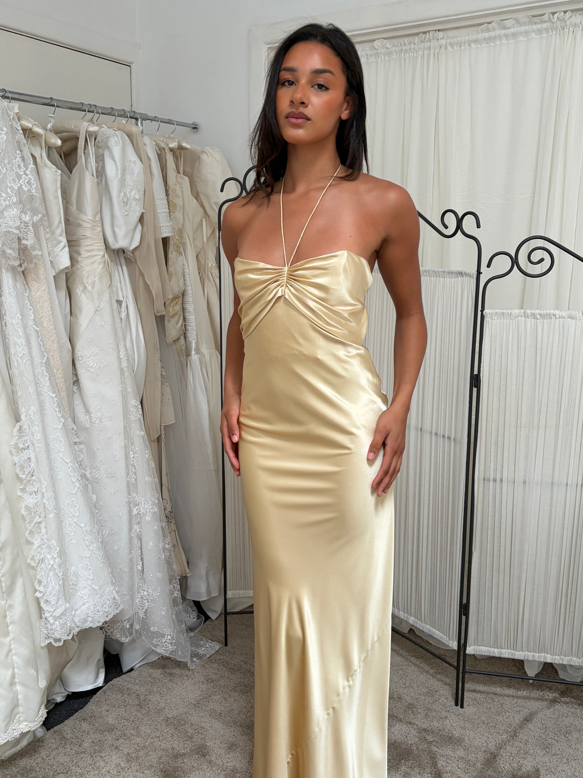 Vintage 90s Jenny Bannister open back champagne evening gown