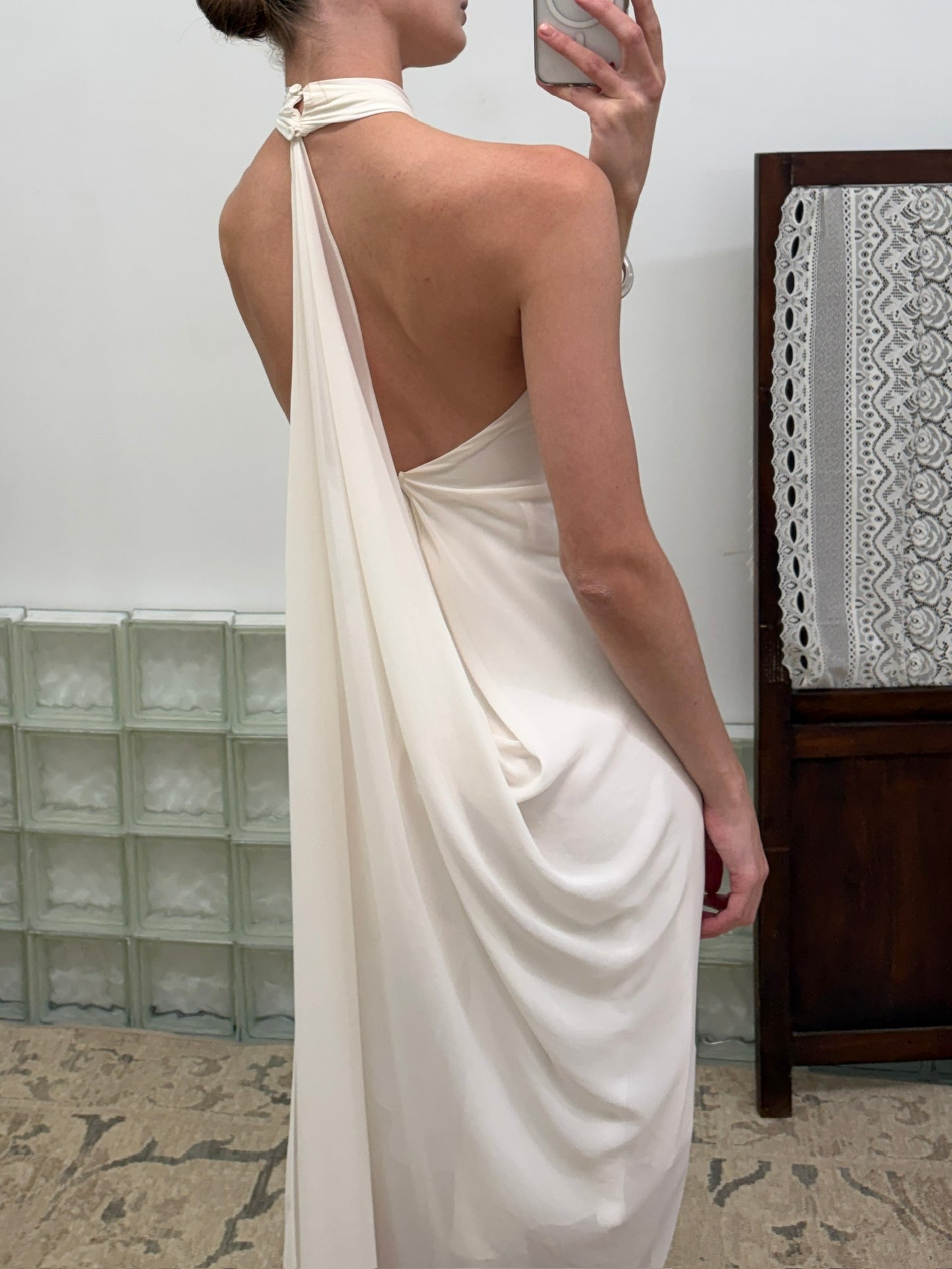 Vintage Y2K ivory draped t-back midi dress