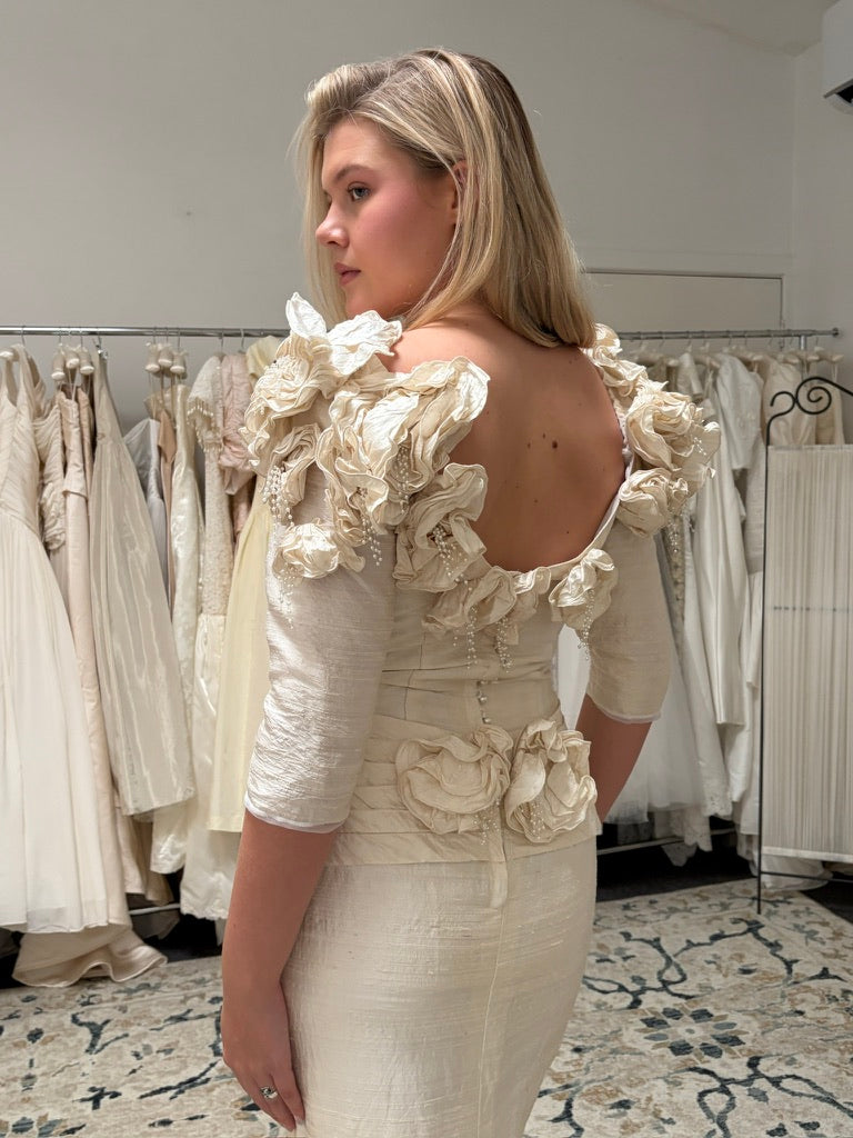 Vintage 90s Jean Fox pleated off shoulder wedding dress with detachable train