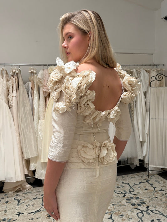 Vintage 90s Jean Fox pleated off shoulder wedding dress with detachable train
