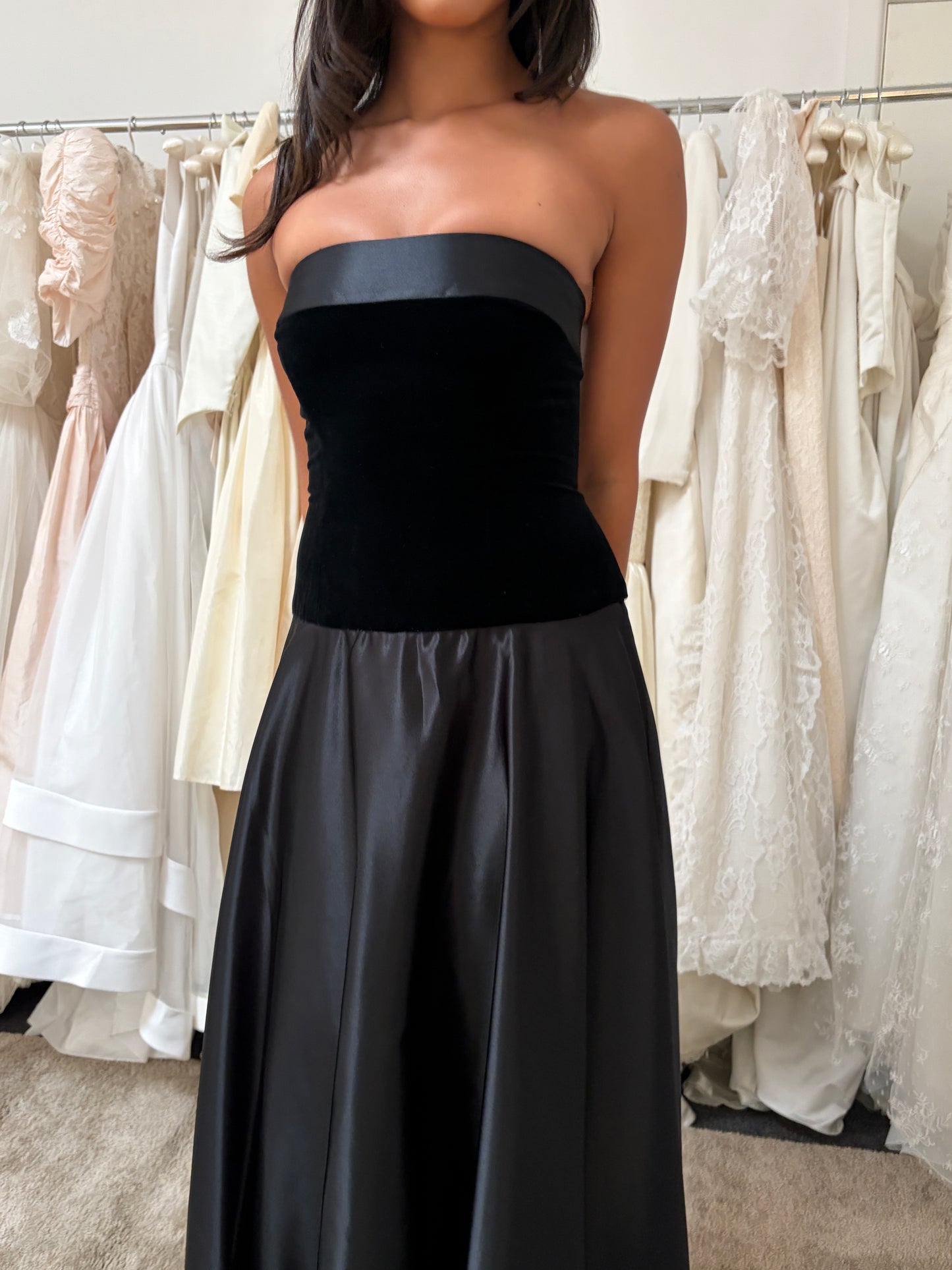 Vintage 80s Jean Allen black strapless satin velvet evening gown