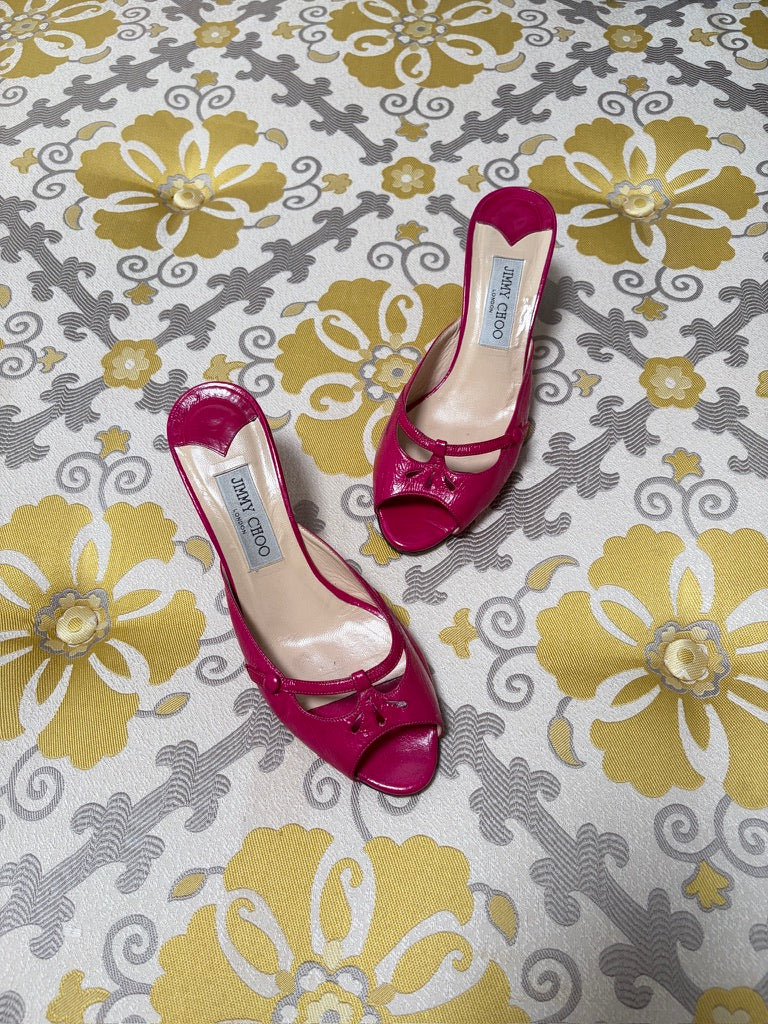 Vintage Jimmy Choo hot pink patent leather mule kitten heels