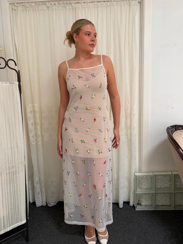 Vintage 90s ivory sheer slip dress with colourful beading