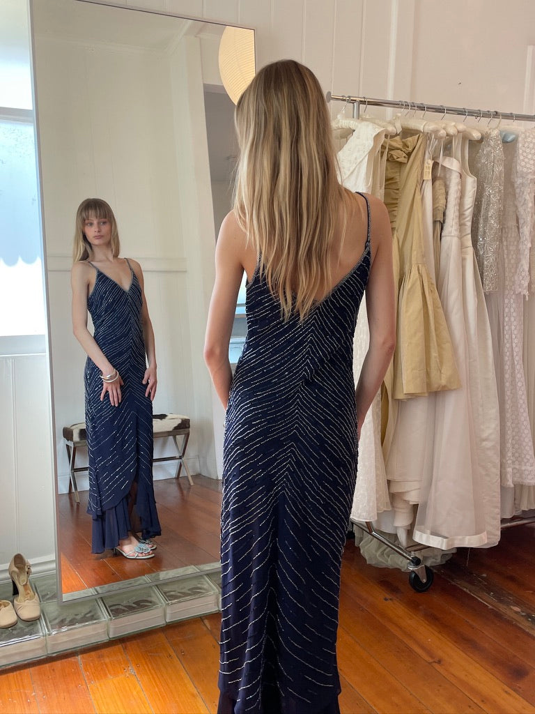 Vintage Y2K Navy beaded slip dress with flirty hem
