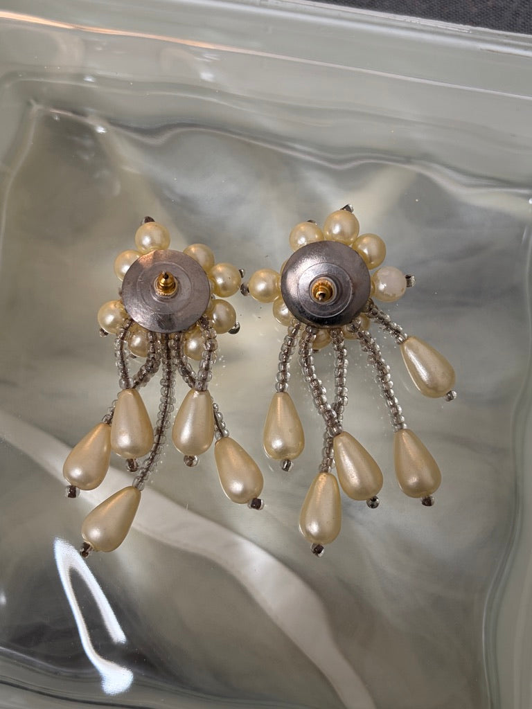 Vintage 80s beaded pearl chandelier statement stud earrings