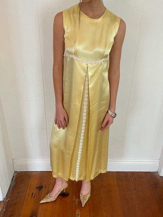 Vintage 60s butter yellow satin midi dress with lace trim
