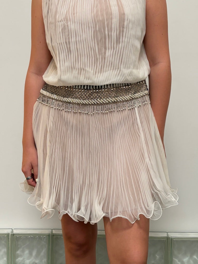 Vintage 80s ivory pleated drop waist mini dress with fringe beading