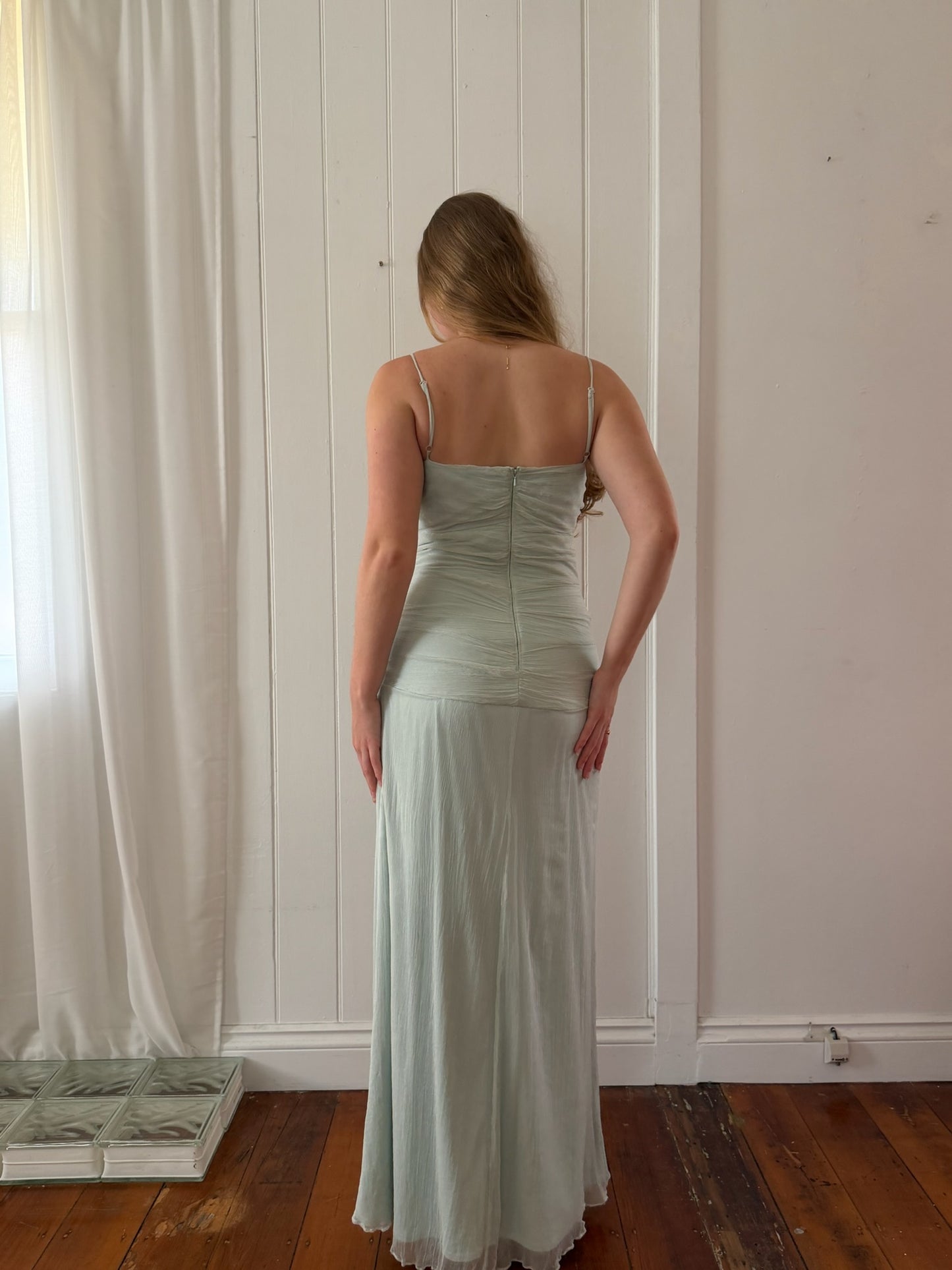 Vintage 90s baby blue silk ruched evening dress