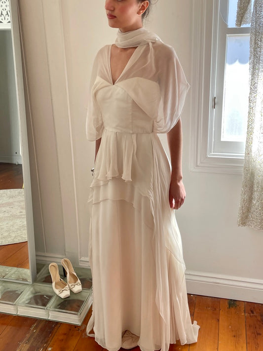 Vintage 90s tiered silk georgette waterfall wedding gown