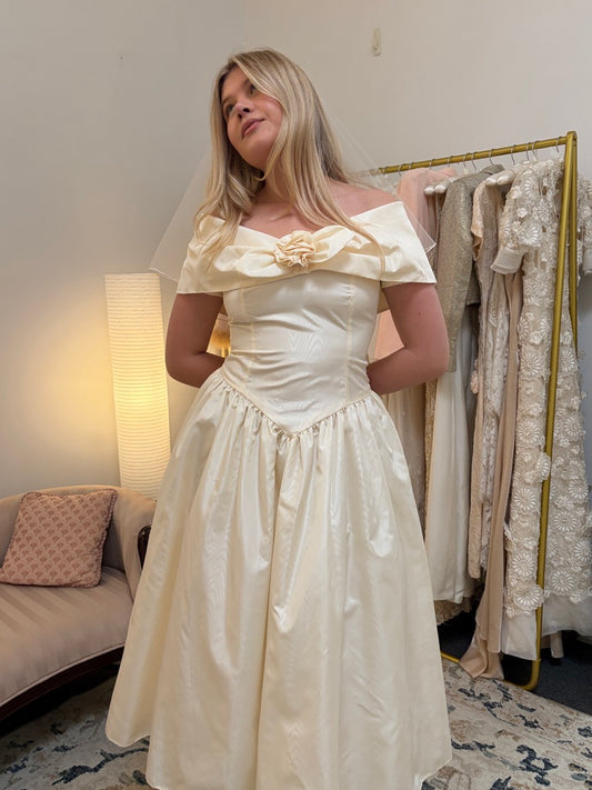 Vintage 90s cream off shoulder tea length basque waist wedding dress with rosette