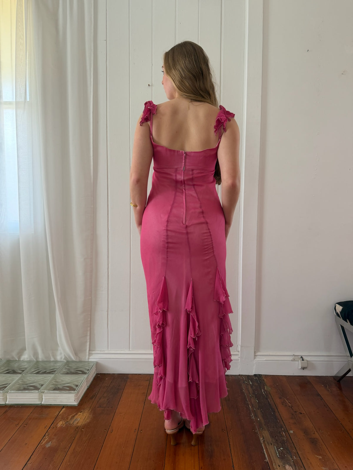 Vintage 1990 Jenny Bannister pink silk empire waist ruffle maxi dress