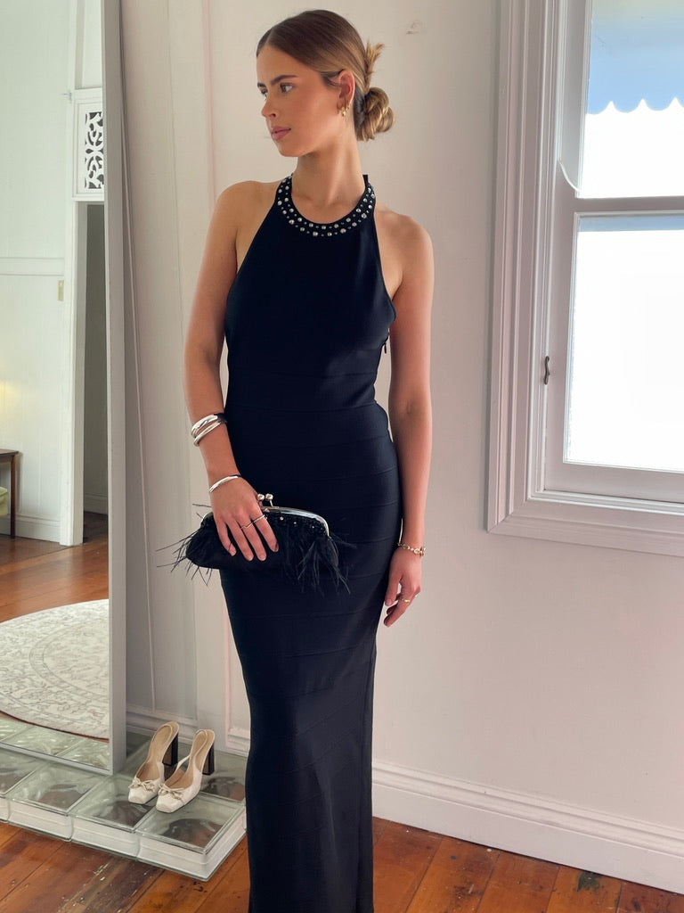 Sydney Dress - Vintage Y2K Hervé Léger high neck black bandage gown