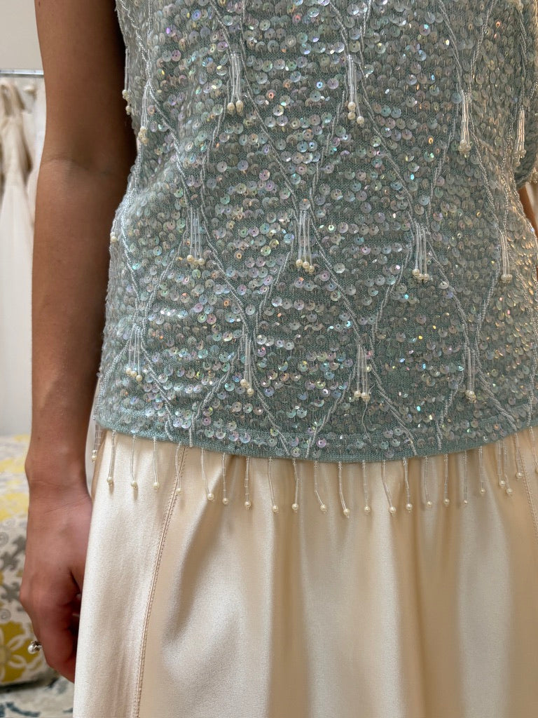 Vintage 60s Ice Blue heavily embellished wool top