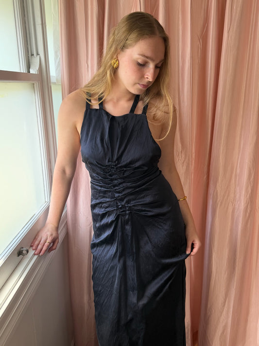 Vintage Y2K silk gathered evening gown with open back navy
