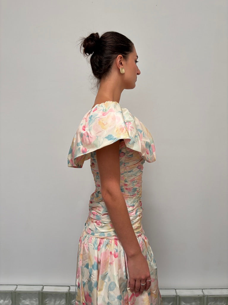 Vintage 80s rare Stephan Caras drop waist floral evening gown