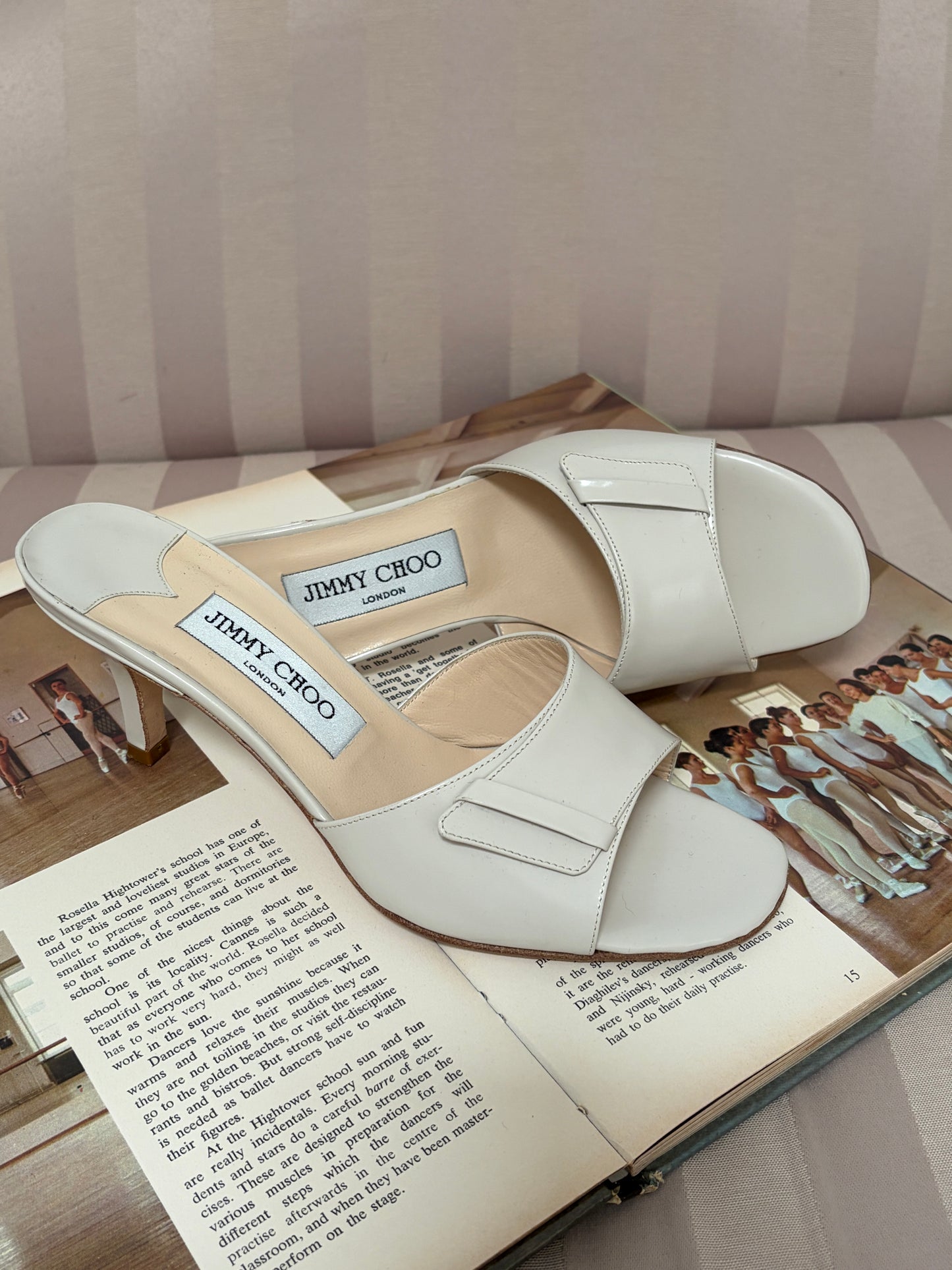 Vintage Jimmy Choo ivory leather open toe mules